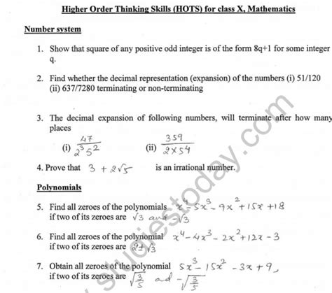 HOTs Questions Class 10 Mathematics free pdf download.